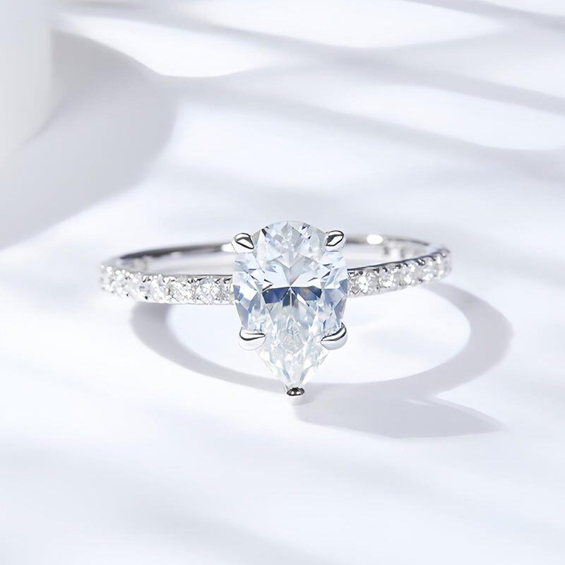 10K White Gold 3 CT Pear Moissanite Personalized Engraving & Engagement Ring-4