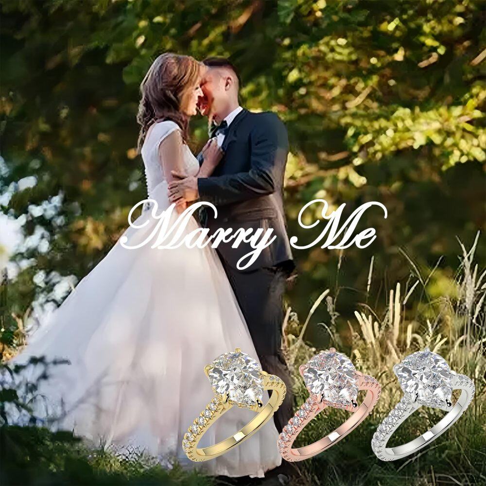 10K White Gold 3 CT Pear Moissanite Personalized Engraving & Engagement Ring-5