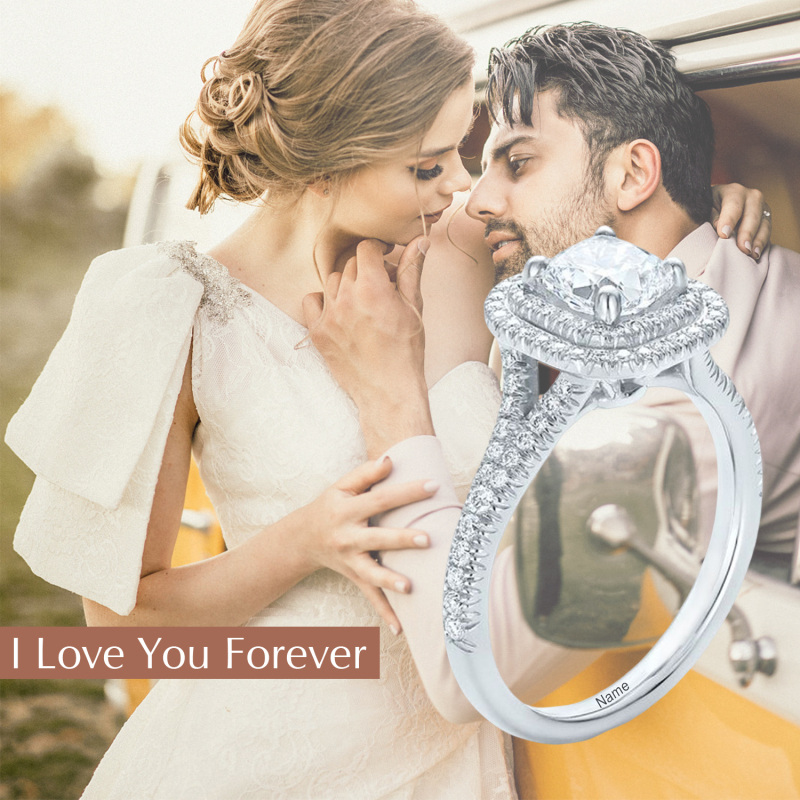 10K White Gold 2 CT Princess Moissanite Personalized Engraving Wedding Ring-7