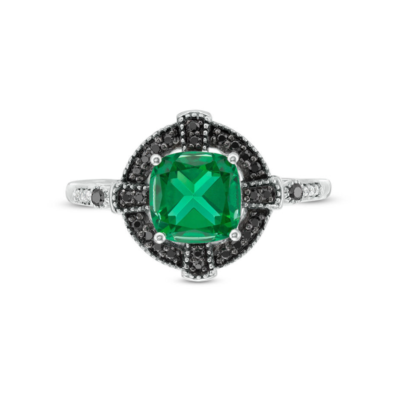 Aliança de noivado em ouro branco de 10 quilates com esmeralda lapidada em almofada e diamantes pretos e brancos (0,15 ct.t.w.) em estilo gótico com moldura em cruz.-4