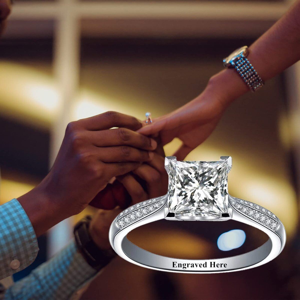 Anel de noivado personalizado com gravação em ouro 10K Moissanite para mulheres-2