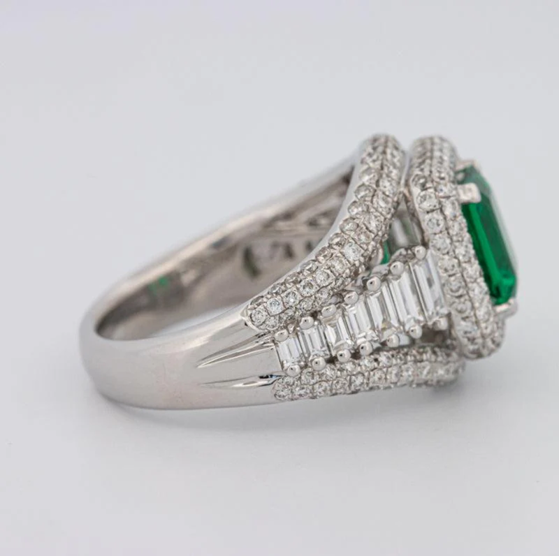 18K White Gold Emerald Cut Emerald & 2.3 CT.T.W. Lab Created Diamond Engagement Band-3