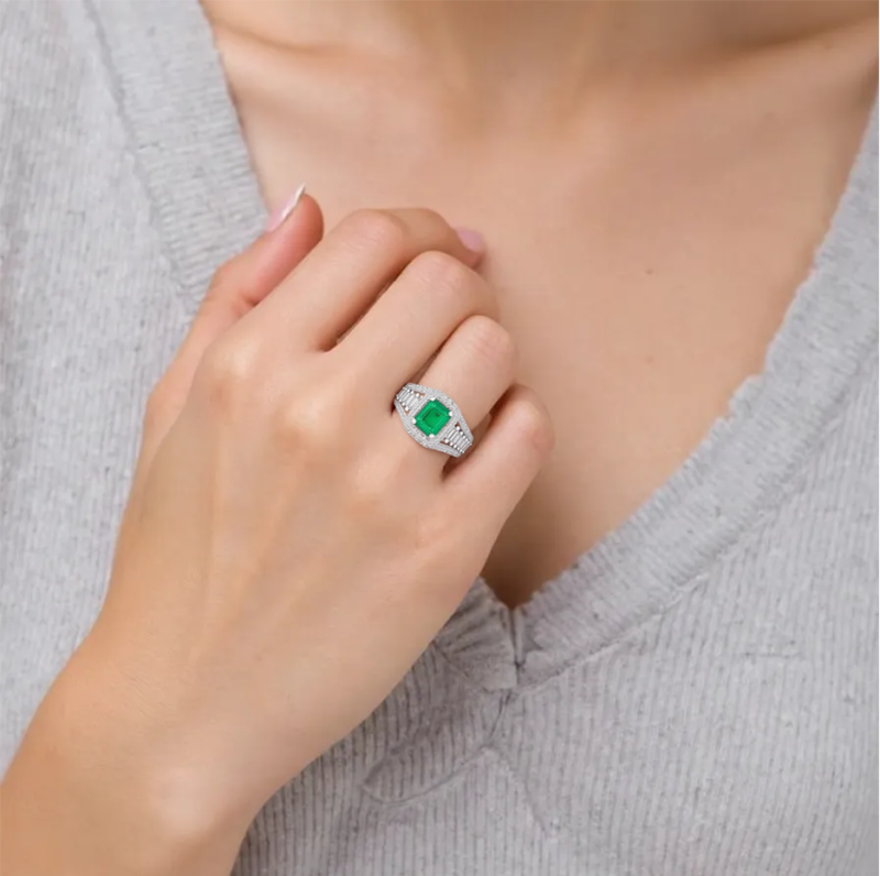 18K White Gold Emerald Cut Emerald & 2.3 CT.T.W. Lab Created Diamond Engagement Band-2