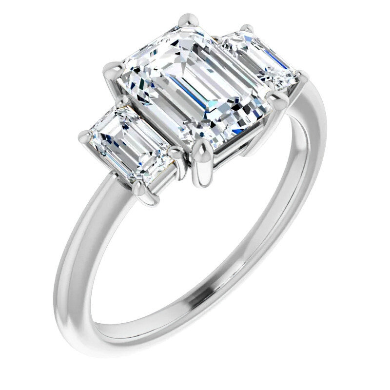 10K White Gold Emerald Cut Three-Stone Moissanite Engagement Ring-3