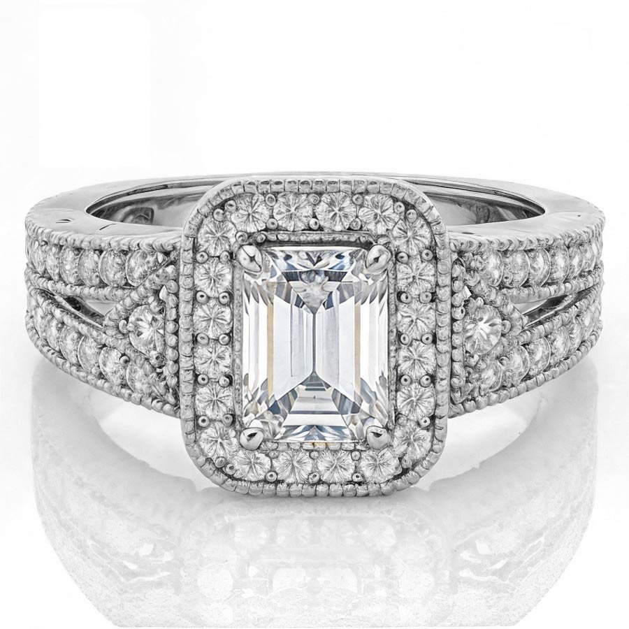 10K White Gold Emerald Cut Vintage Moissanite Engagement Ring-1
