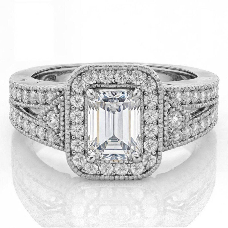 10K White Gold Emerald Cut Vintage Moissanite Engagement Ring-1
