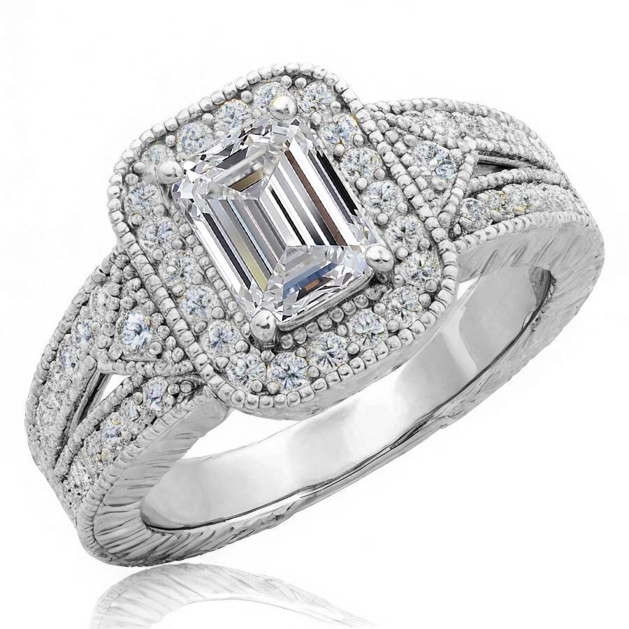 10K White Gold Emerald Cut Vintage Moissanite Engagement Ring-2
