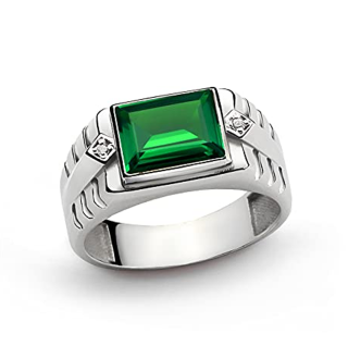 10K White Gold Emerald & 2 Diamond Accents Band Fine Jewelry for Dad Husband-12