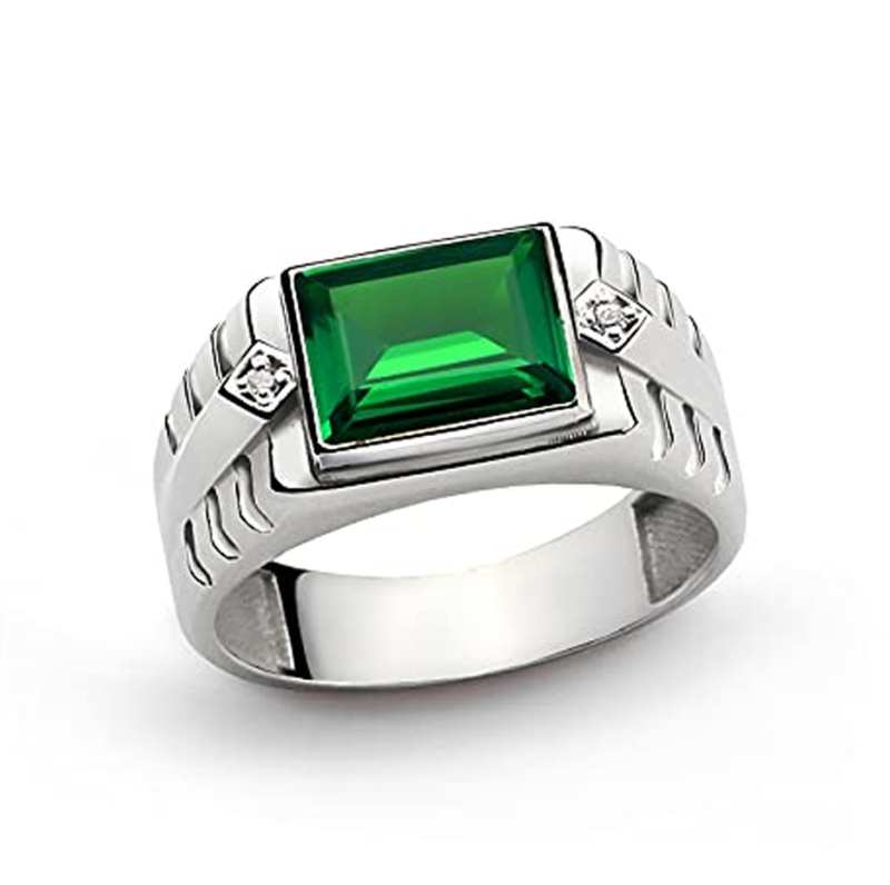 10K White Gold Emerald & 2 Diamond Accents Band Fine Jewelry for Dad Husband-12