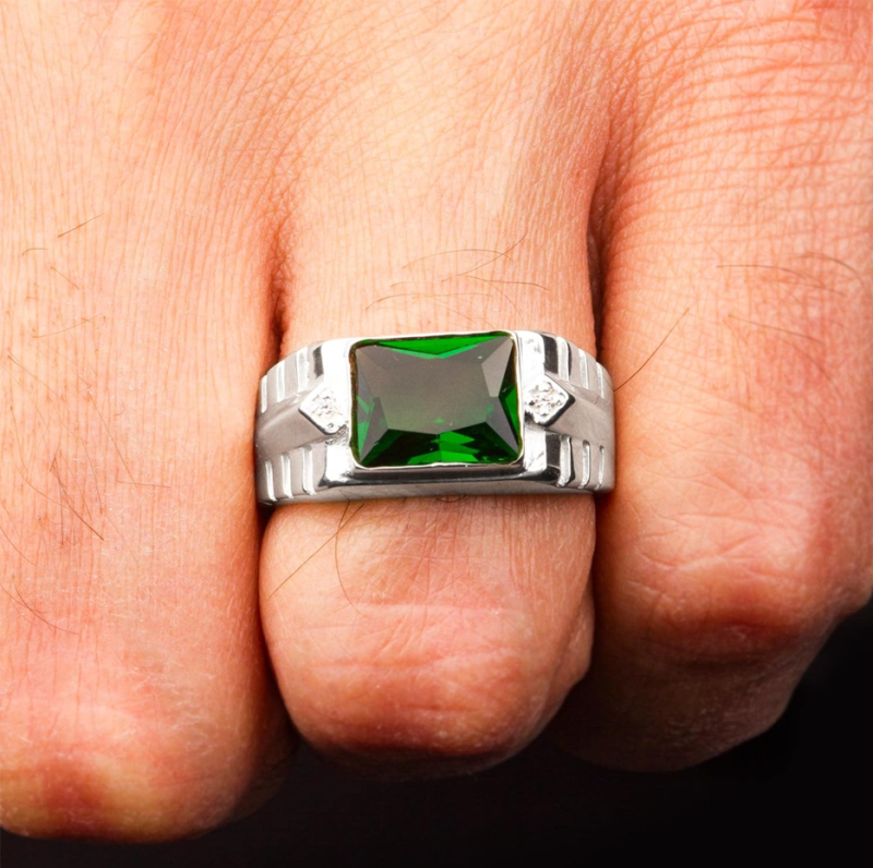 10K Białe Złoto Szmaragd 2 Diamentowe Akcenty Obrączka Biżuteria Fine Jewelry dla Taty Męża-2