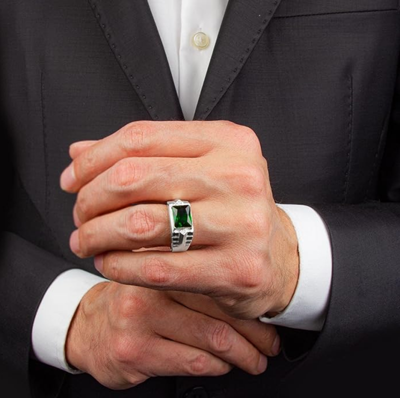 10K Białe Złoto Szmaragd 2 Diamentowe Akcenty Obrączka Biżuteria Fine Jewelry dla Taty Męża-3