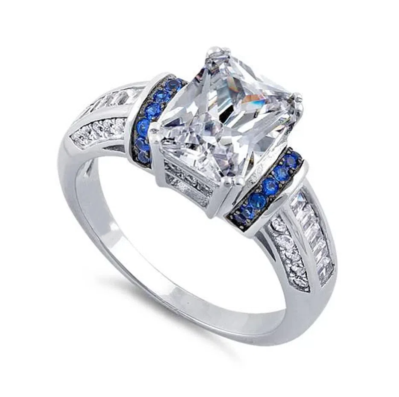 10K White Gold Round Cut & Emerald Cut Moissanite Engagement Ring-12