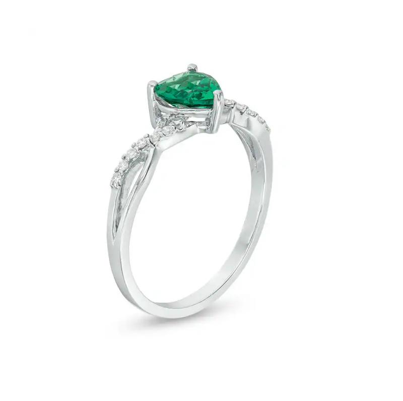 10K witgouden hartvormige smaragd, 0,05 CT.T.W., ronde diamant, twist shank verlovingsring-3