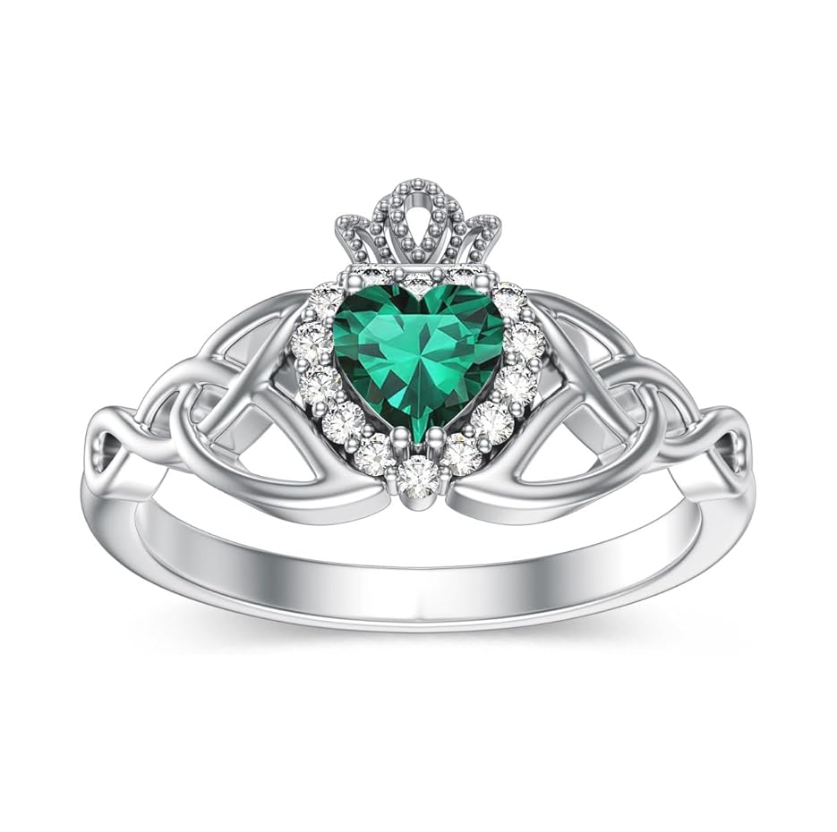 Aliança Claddagh Promise em ouro branco 10K com esmeralda e corte em coração, 0,1 CT.T.W., diamante, nó celta-1