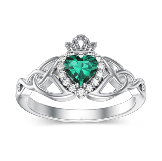 10K White Gold Heart Cut Emerald & 0.1 CT.T.W. Diamond Celtic Knot Claddagh Promise Band-4