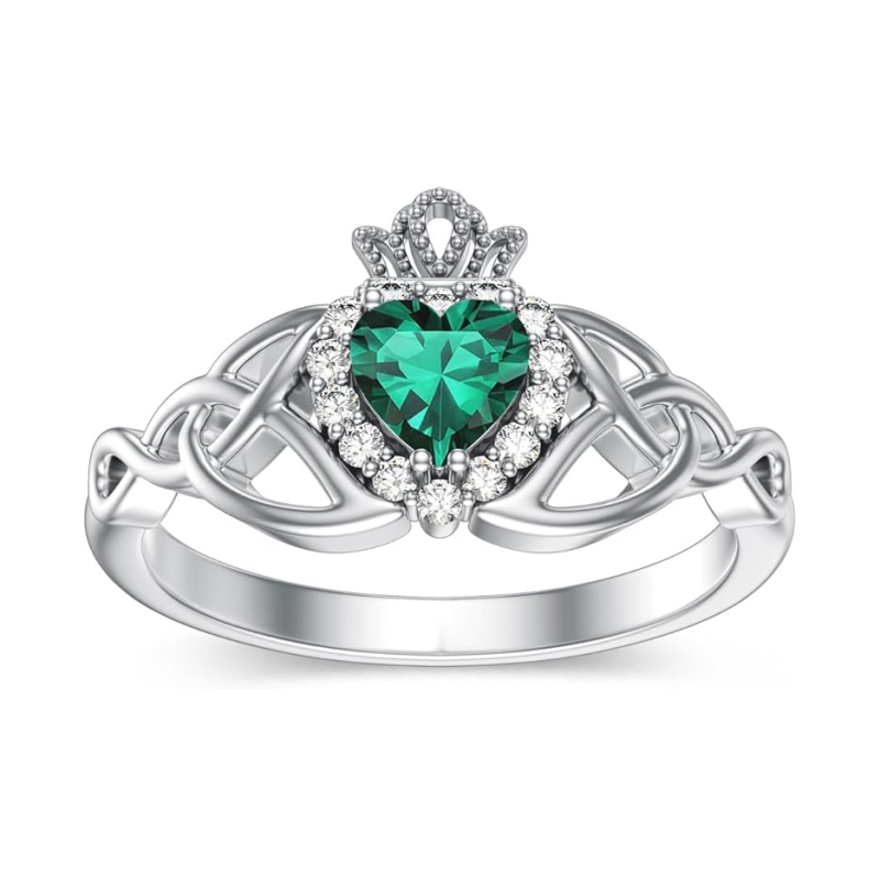 Anello con promessa Claddagh con nodo celtico in oro bianco 10 carati, smeraldo taglio cuore da 0,1 ct., diamanti taglio brillante.-4