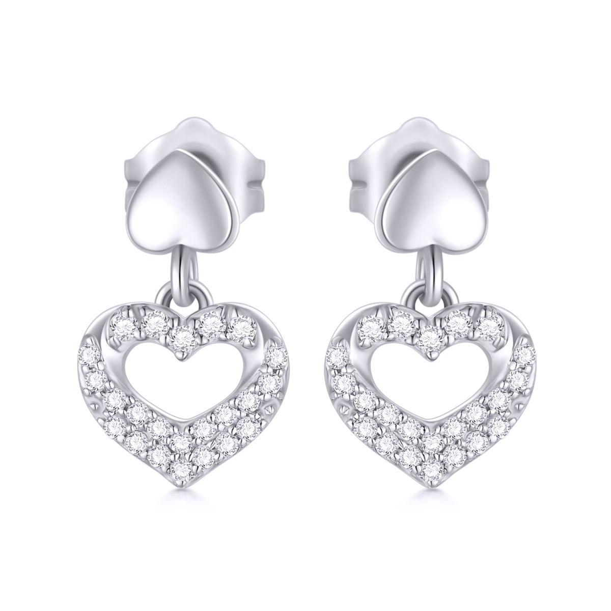 14K White Gold Cubic Zirconia Heart Drop Earrings-1