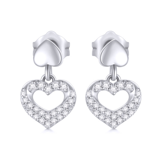 Boucles d'oreilles pendantes en forme de cœur en or blanc 10 carats et oxyde de zirconium