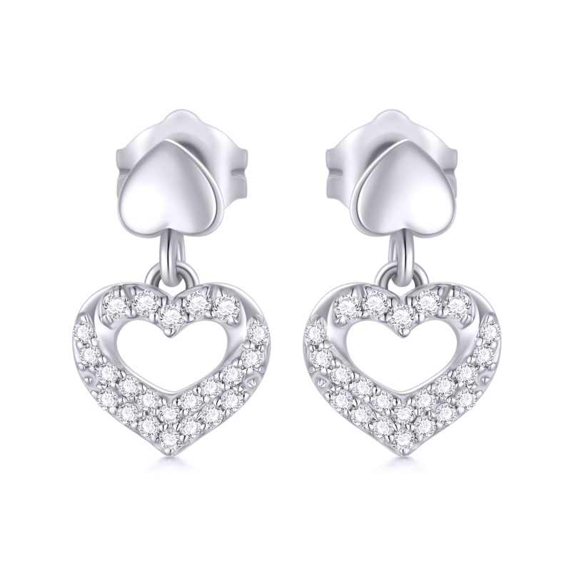 Brincos de gota de coração de zircônia cúbica de ouro branco 10K-19