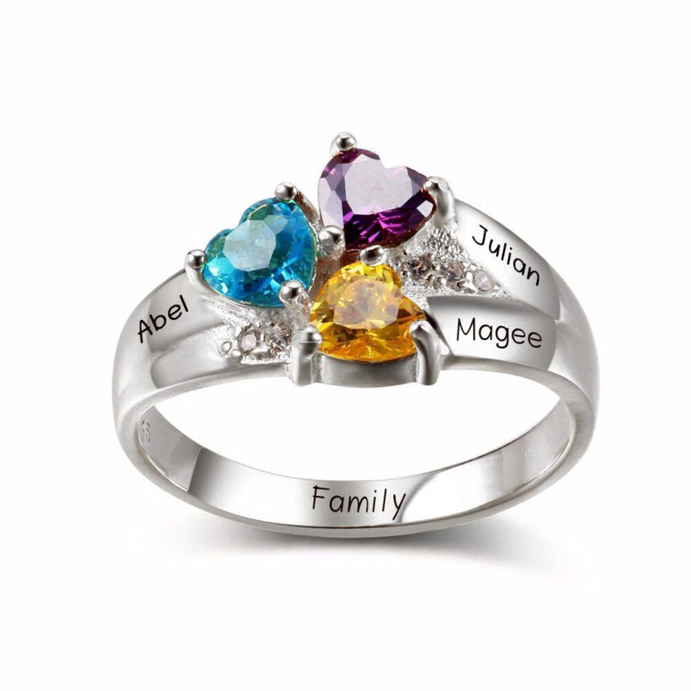 Anillo de oro blanco de 10 quilates con piedra natal y grabado personalizado con forma de corazón para mujer-1