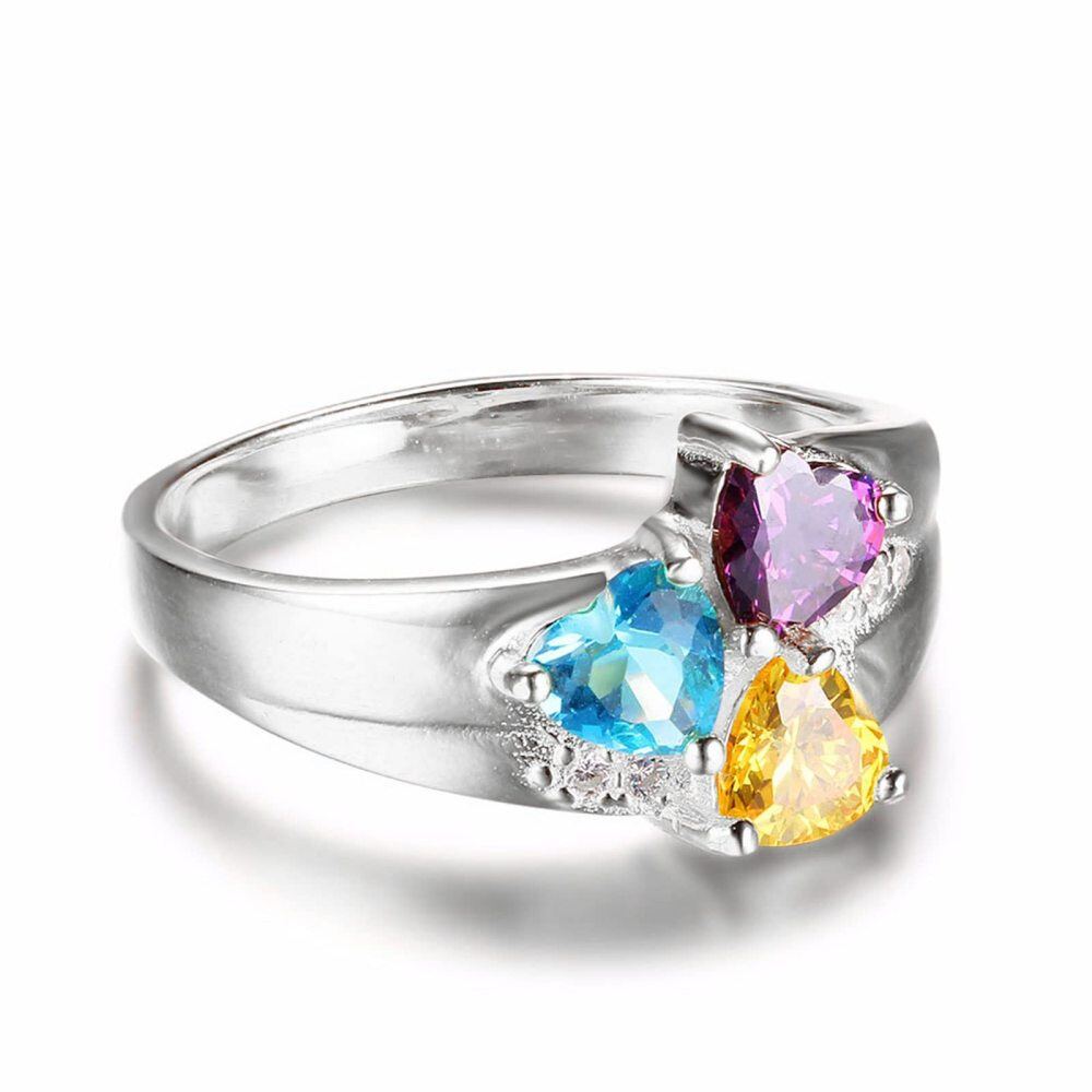 Anillo de oro blanco de 10 quilates con piedra natal y grabado personalizado con forma de corazón para mujer-3