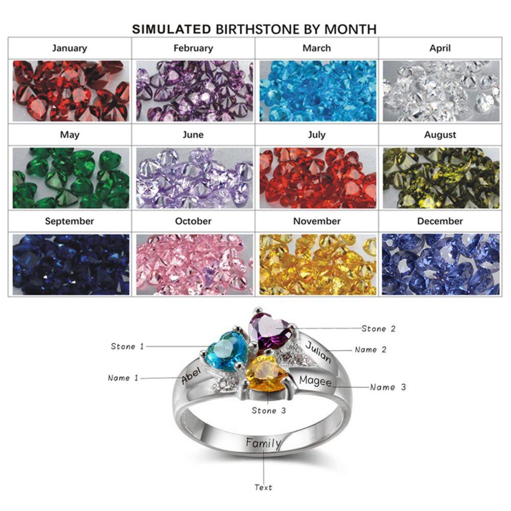 Anillo de oro blanco de 10 quilates con piedra natal y grabado personalizado con forma de corazón para mujer-4