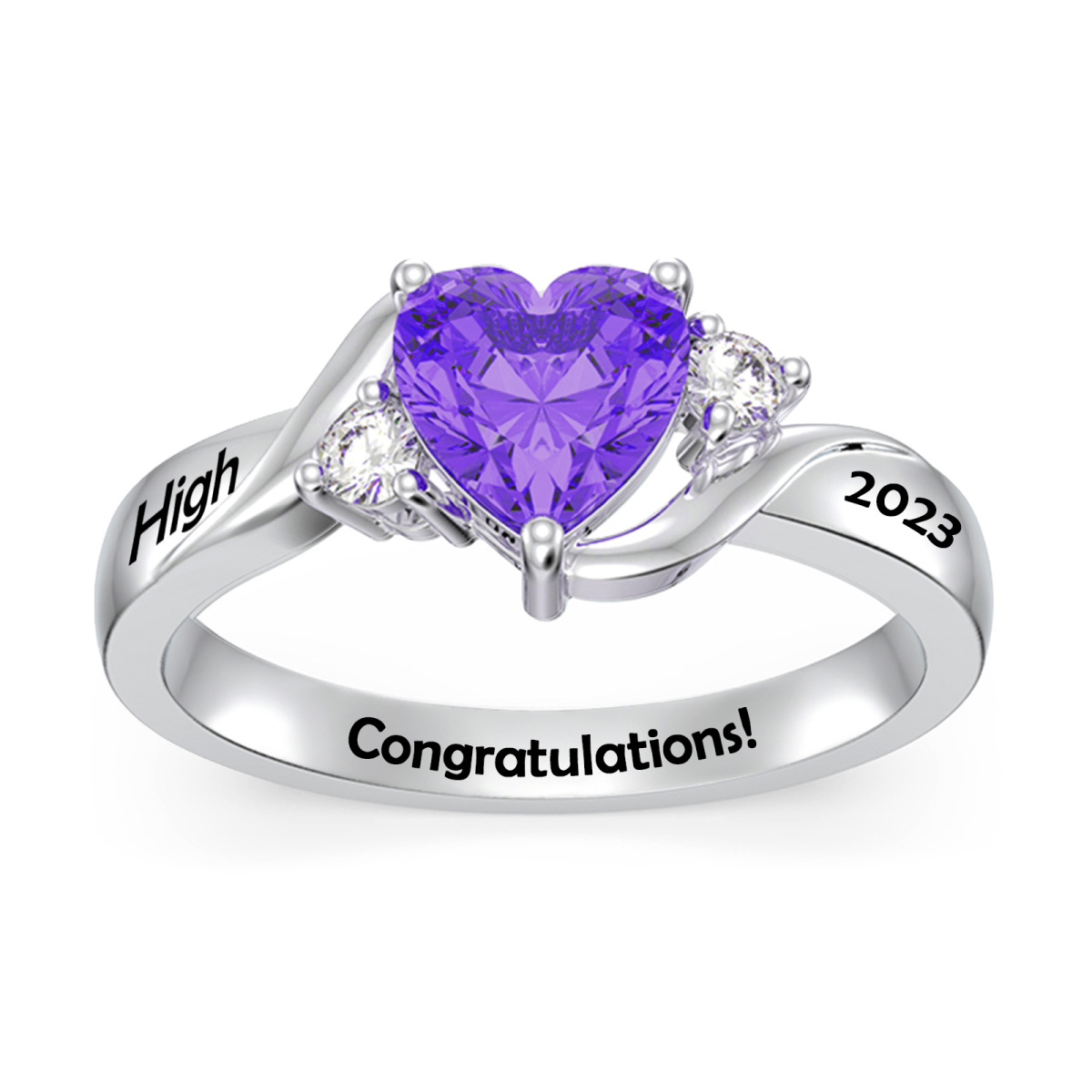 10K White Gold Heart Cubic Zirconia Personalized Engraving & Birthstone Ring-1