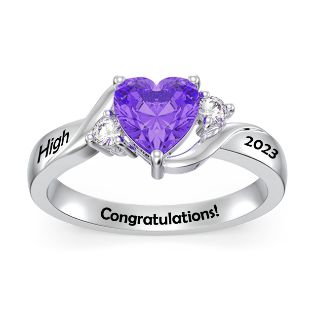 10K White Gold Heart Cubic Zirconia Personalized Engraving & Birthstone Ring