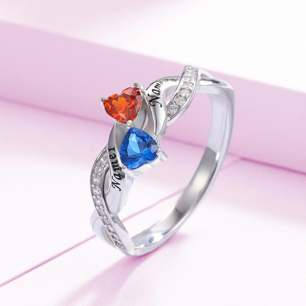 10K White Gold Heart Birthstone Personalised Name Enterity Ring For Women-3