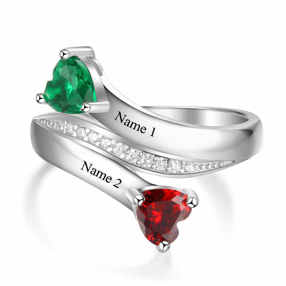 10K White Gold Heart Shaped Personalized Birthstone & Personalized Engraving Open Ring-1