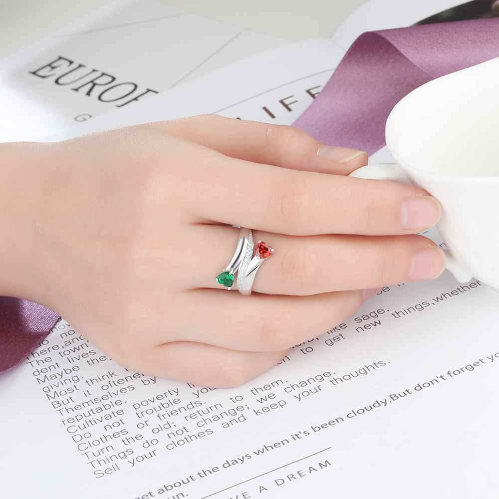 Anello aperto in oro bianco 14 carati con incisione personalizzata della pietra portafortuna a forma di cuore per donna-2