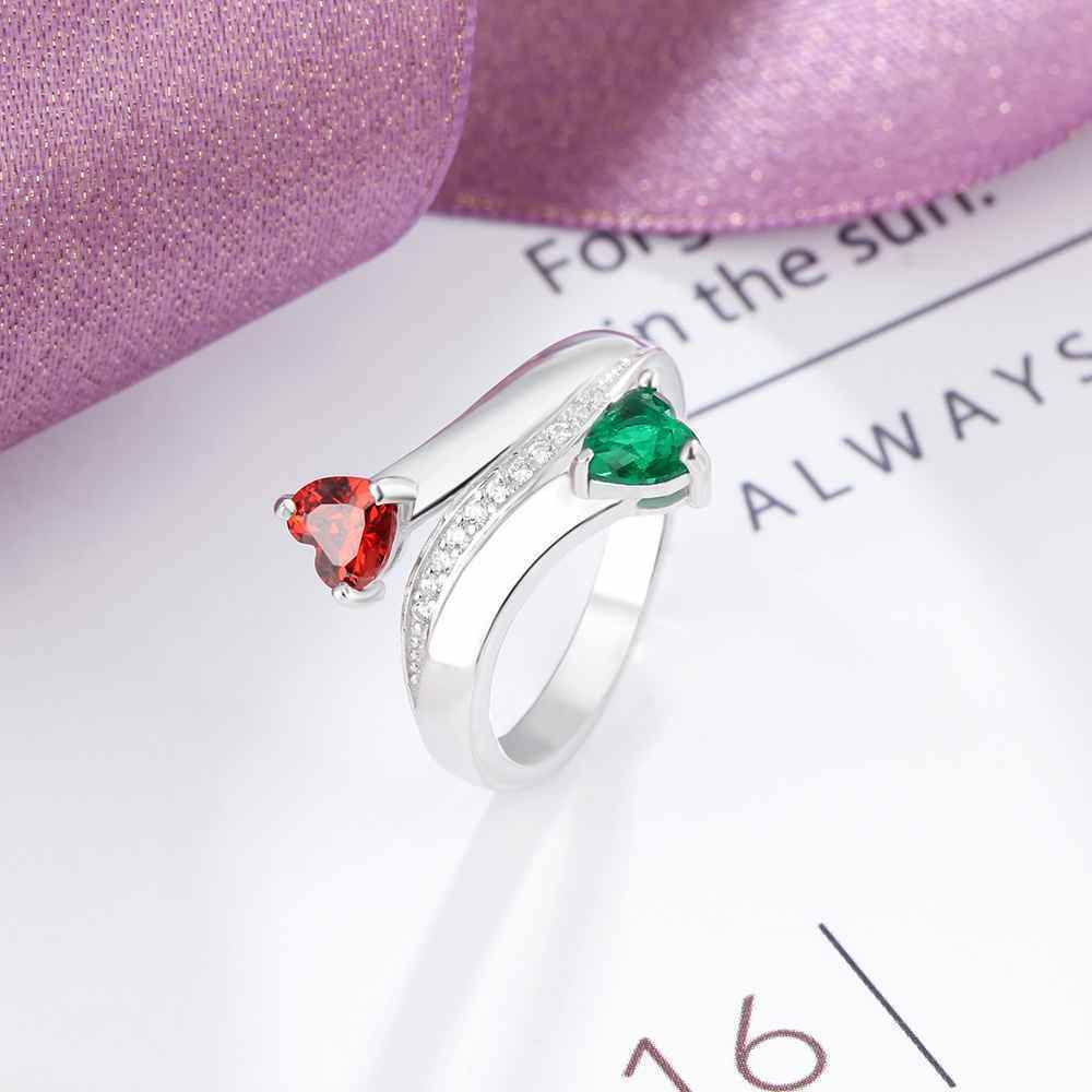 10K White Gold Heart Shaped Personalized Birthstone & Personalized Engraving Open Ring-3