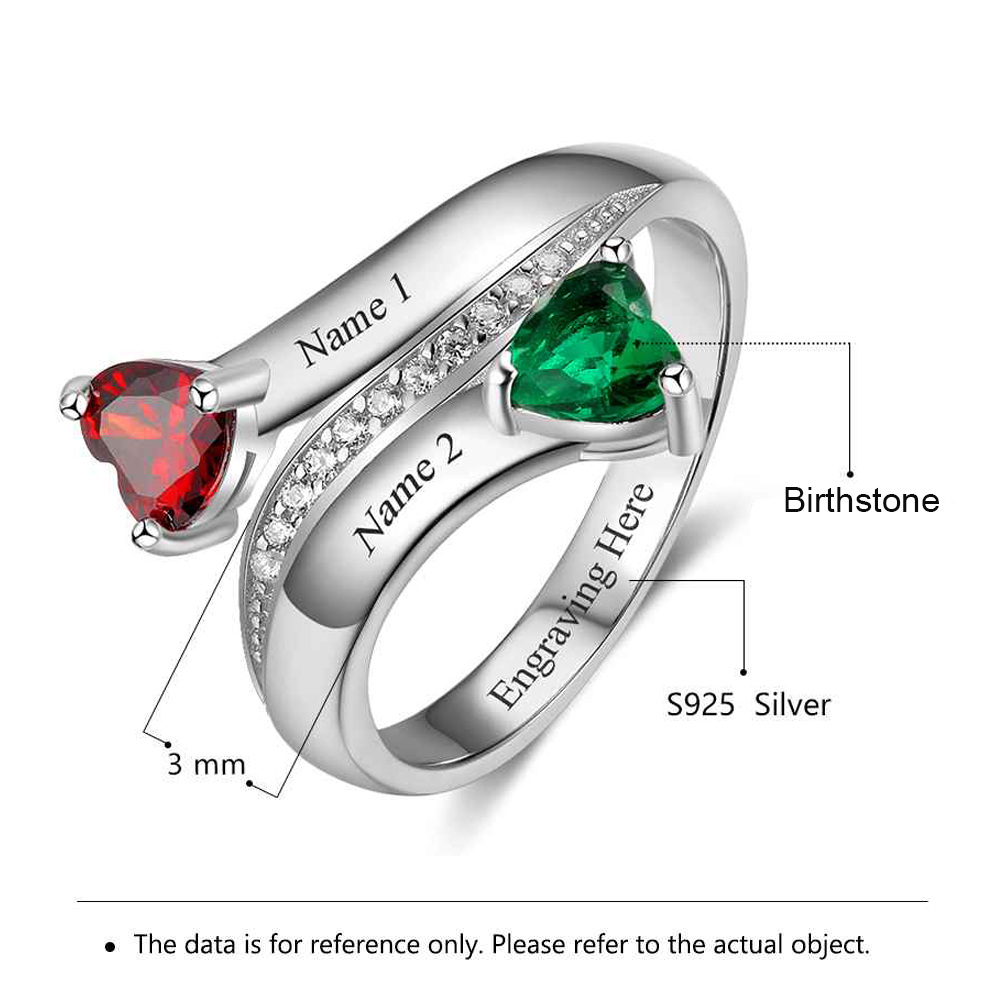 10K White Gold Heart Shaped Personalized Birthstone & Personalized Engraving Open Ring-4