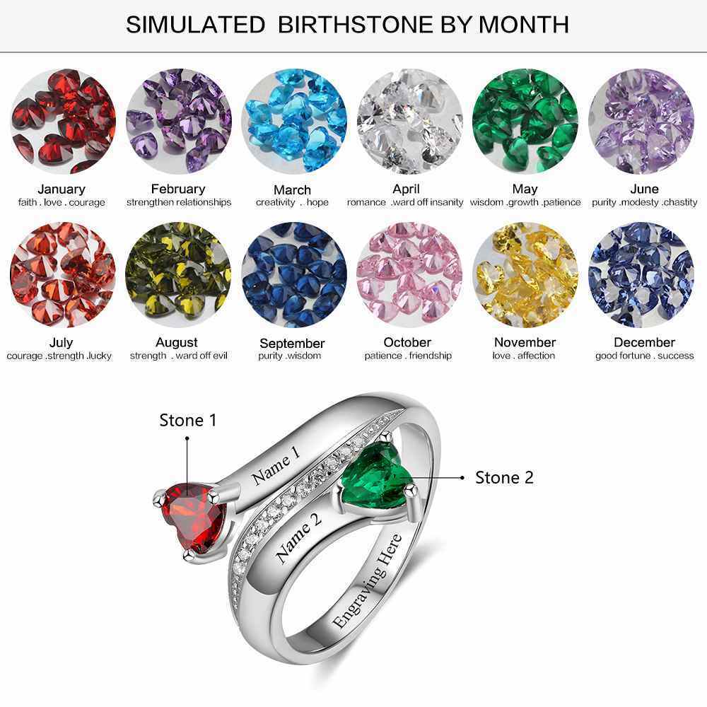 10K White Gold Heart Shaped Personalized Birthstone & Personalized Engraving Open Ring-5