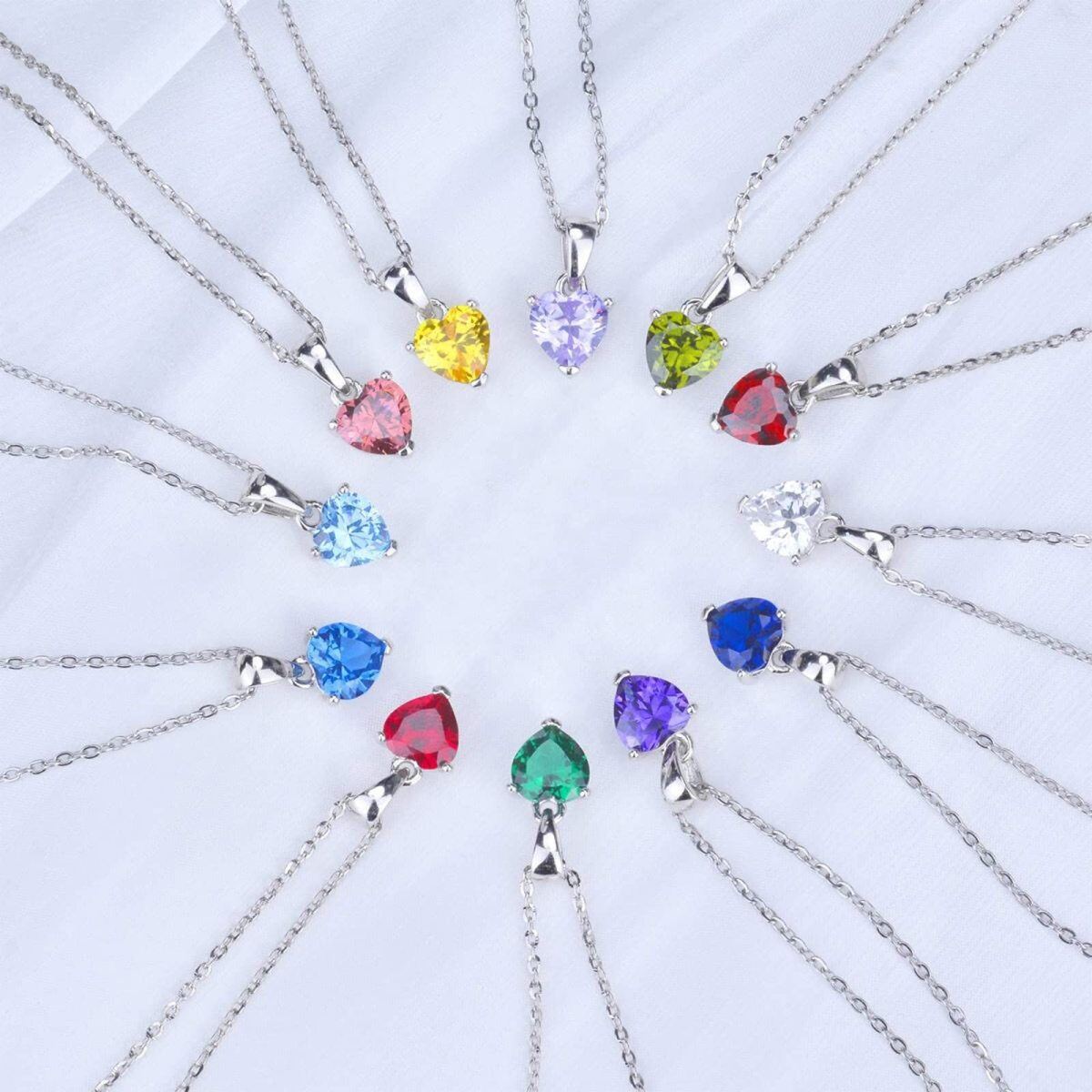 10K White Gold Heart Shaped Cubic Zirconia Personalized Birthstone Pendant Necklace-3