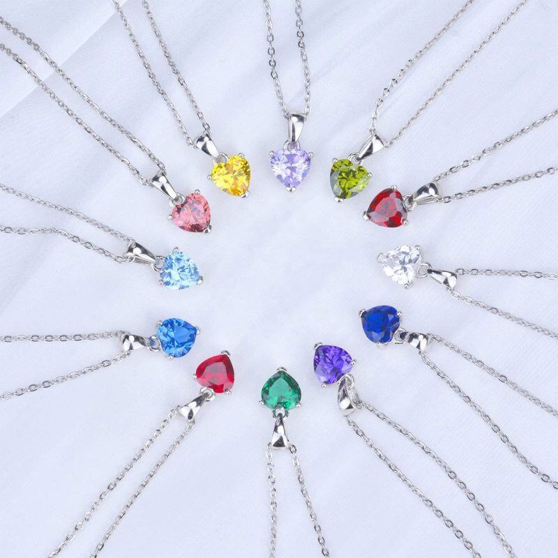 10K White Gold Heart Shaped Cubic Zirconia Personalized Birthstone Pendant Necklace-3