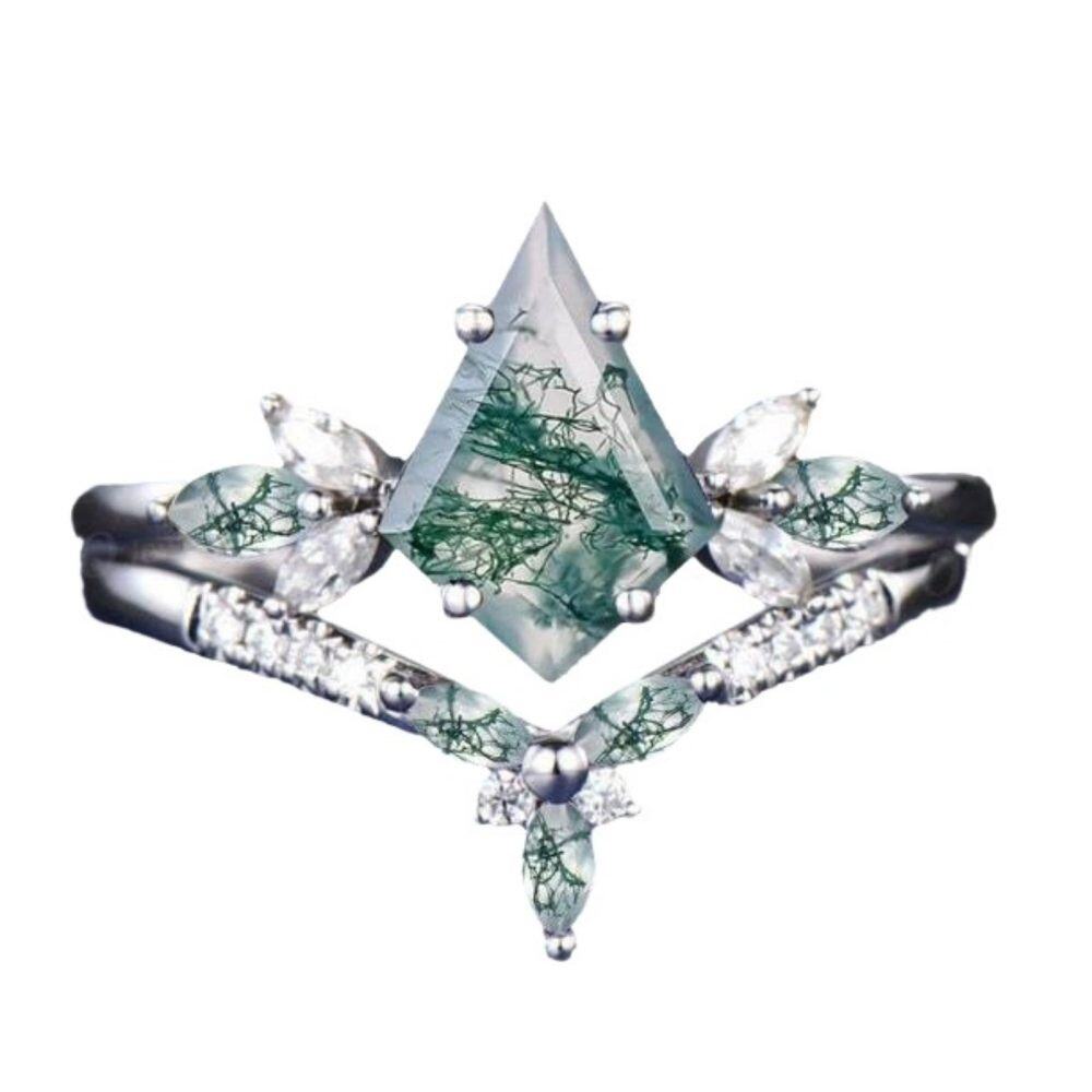 14K White Gold Kite Cut Moss Agate & Moissanite Engagement Ring for Women Free Engraving-1