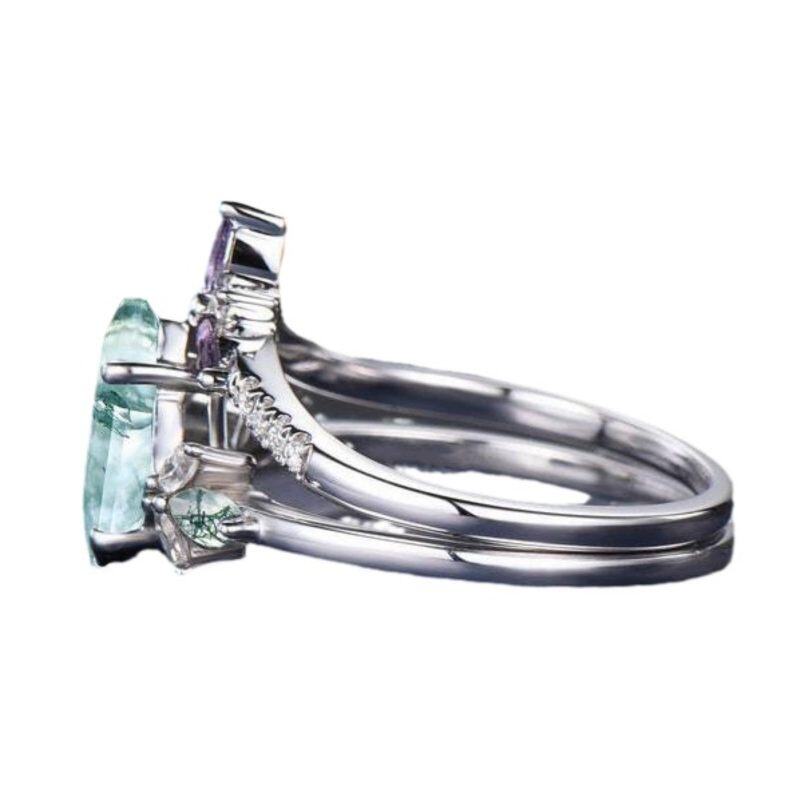 10K Rose Gold Kite Cut Moss Agate & Moissanite Engagement Ring for Women Free Engraving-3