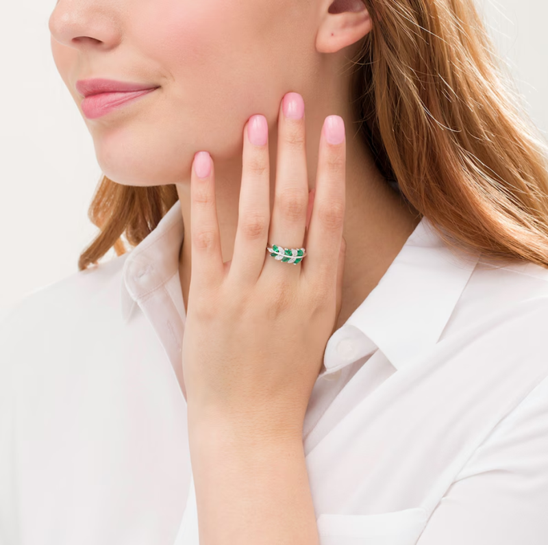 10K Gold Marquise Cut 0.3 CT. T.W. Lab-Created Emerald and 0.1 CT. T.W. Diamond Leaves Band-2