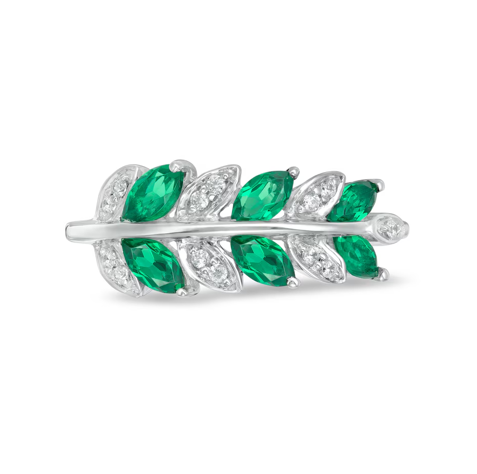 Ouro branco 10K com lapidação marquise, 0,3 quilates, esmeralda criada em laboratório T.W. e aliança com folhas de diamante T.W. de 0,1 quilates.-4
