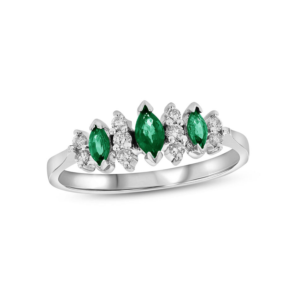 10 Karat Weißgold 1 Karat Marquiseschliff Smaragd 0,15 Karat Naturdiamant Drei-Stein-Illusion Jubiläumsring-1