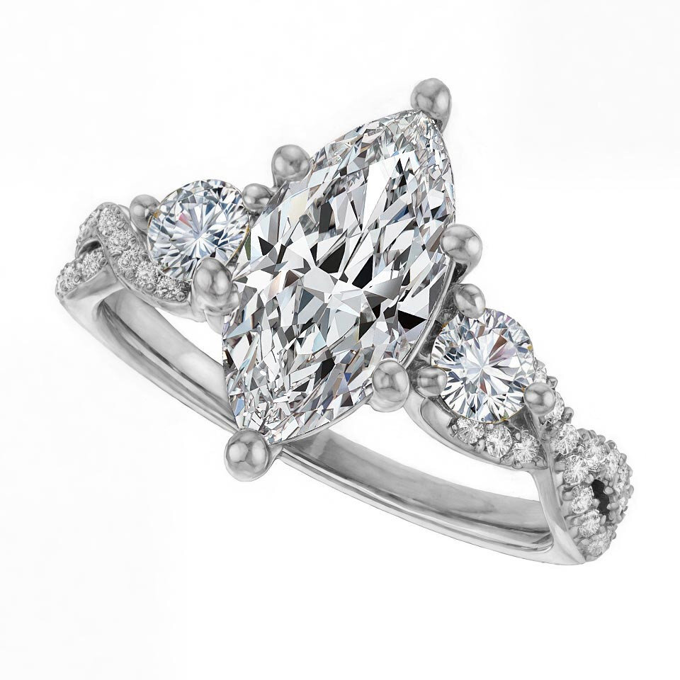 Anel de noivado em moissanita com três pedras em ouro rosa 14K e lapidação marquise-3