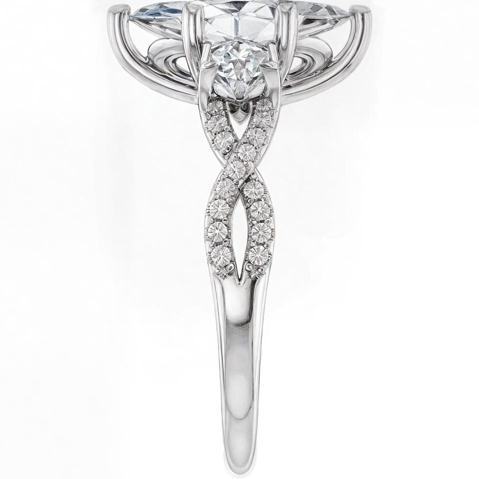 Anel de noivado em moissanita com três pedras em ouro rosa 14K e lapidação marquise-4