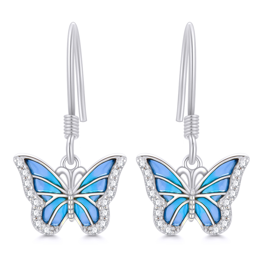 Pendientes colgantes de mariposa con moissanita en oro blanco de 10 quilates-1