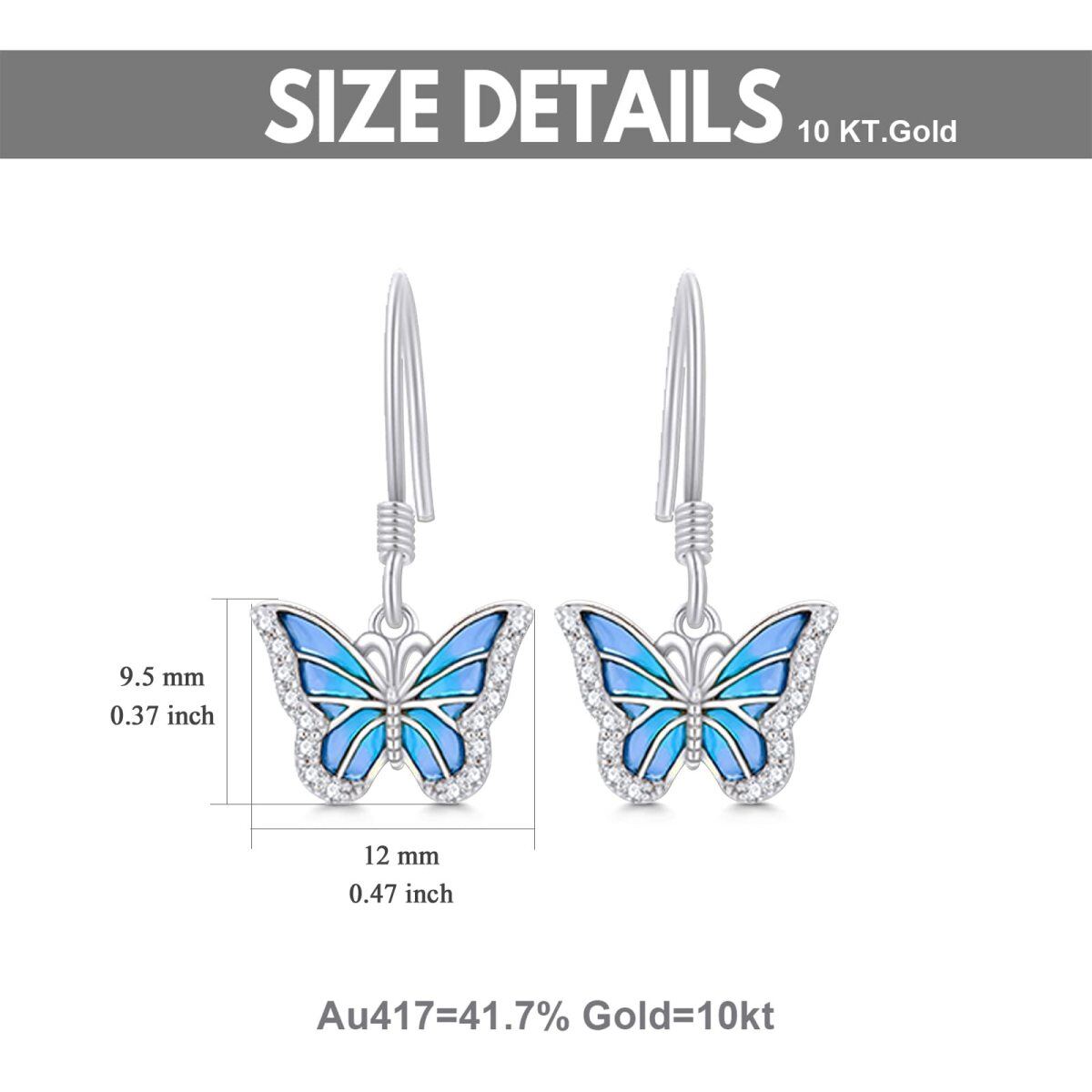 Boucles d'oreilles pendantes papillon en or blanc 10 carats et moissanite-5