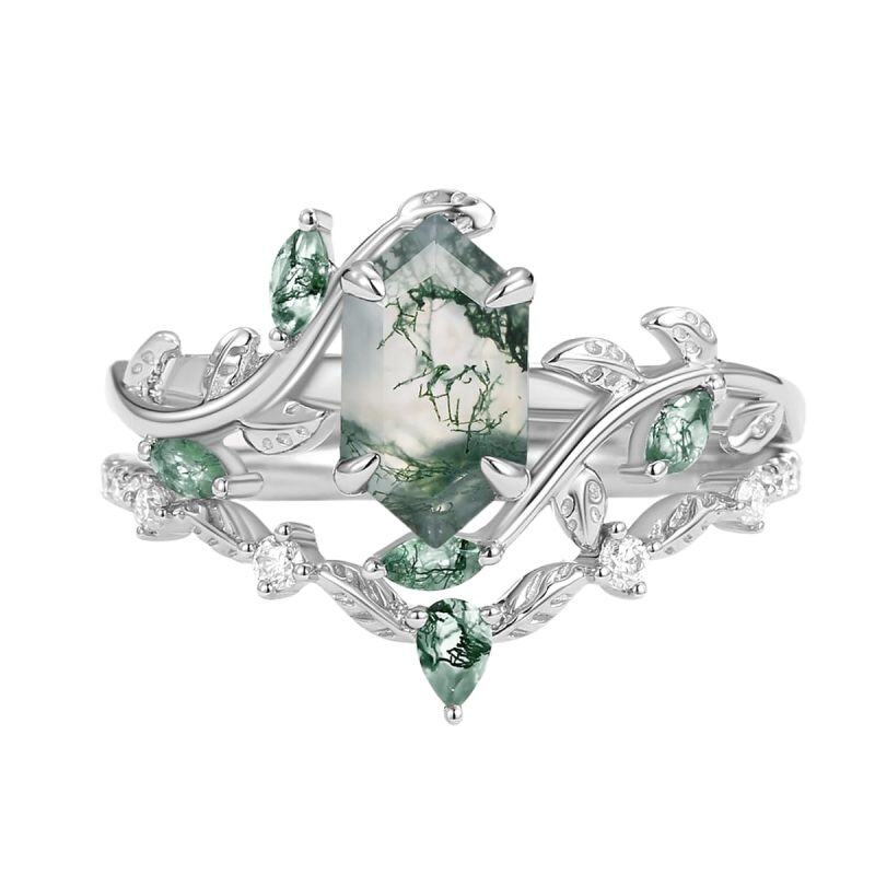 Anel de noivado Moissanita com ágata musgosa em ouro branco 10K, proposta de casamento Art Déco, aniversário e compromisso-4