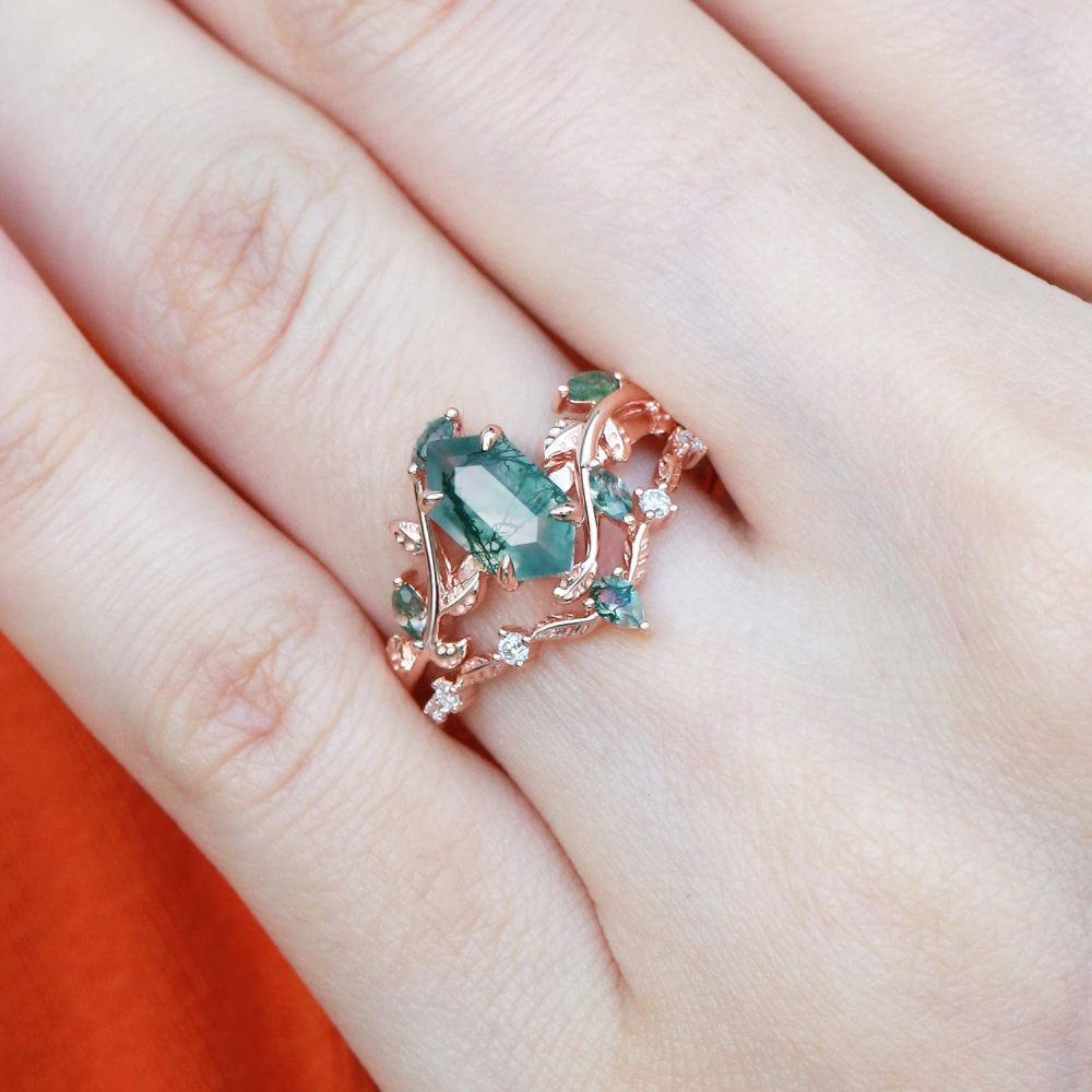 10K Roségold Moosachat Moissanit Brautset Art Deco Antrag Jahrestag Versprechensring-2