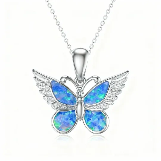 Collier pendentif papillon en opale et or blanc 10K