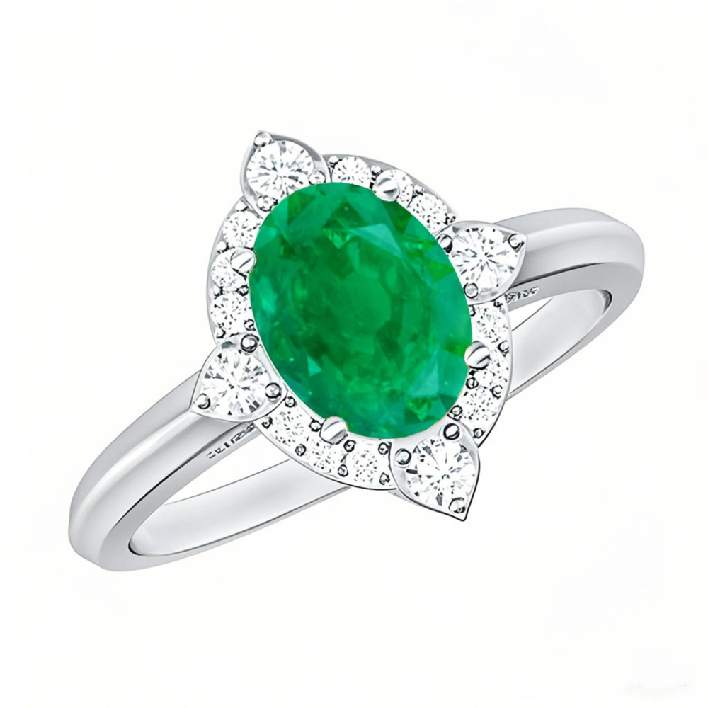 10K White Gold Oval Cut Emerald & 0.35 CT.T.W. Diamond Vintage Inspired Engagement Band-1