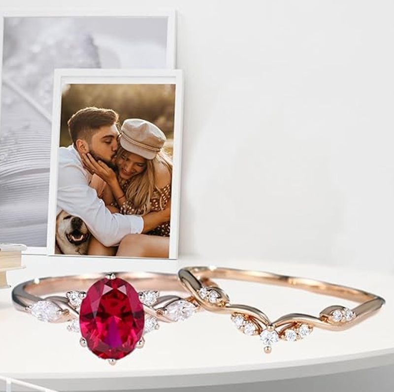 14K Rose Gold Oval Cut Gemstone & Diamond Birthstone Bridal Set Wedding Band-3